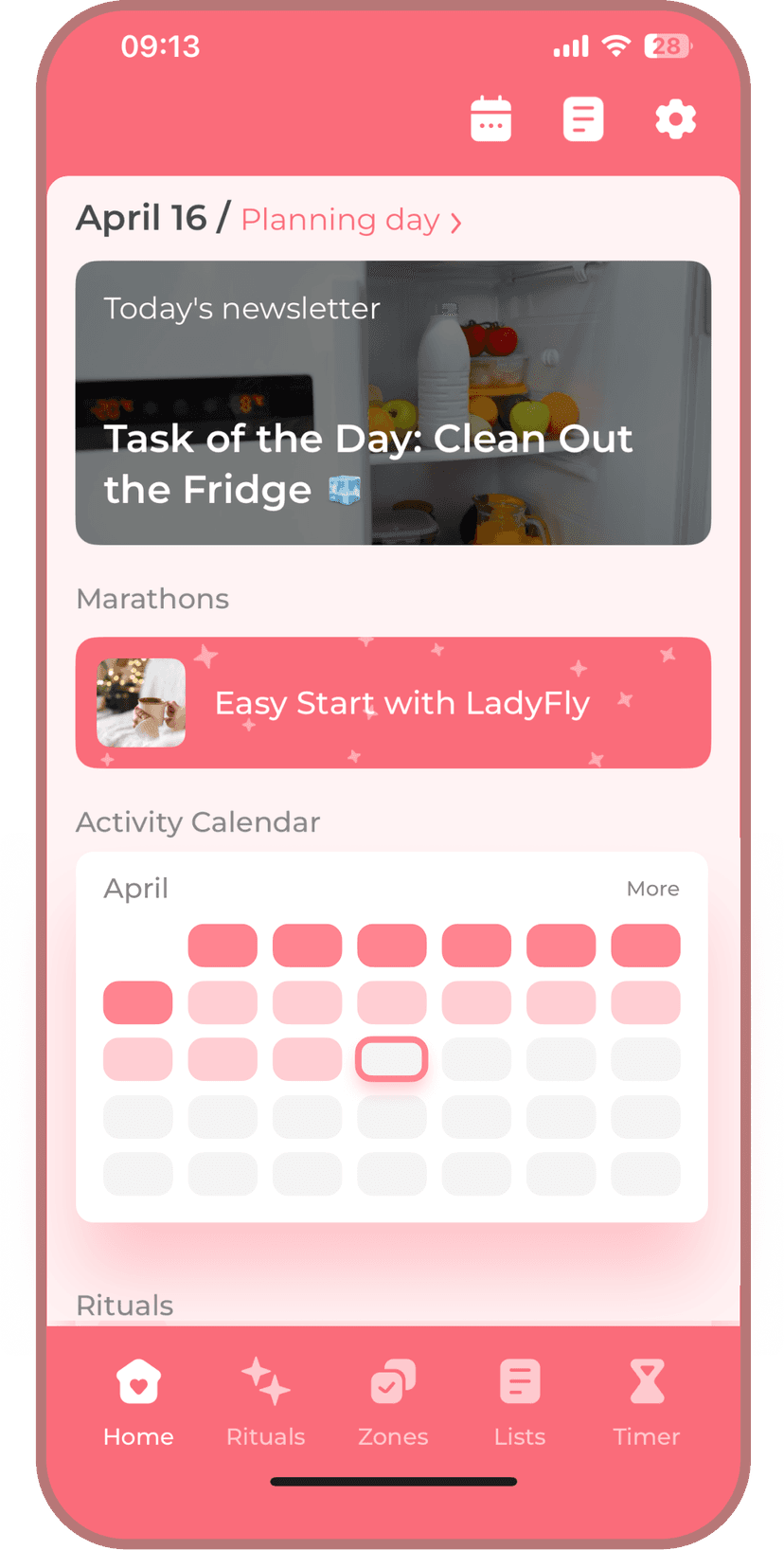 LadyFly app main screen showing daily rituals, home zones, and cleaning tasks